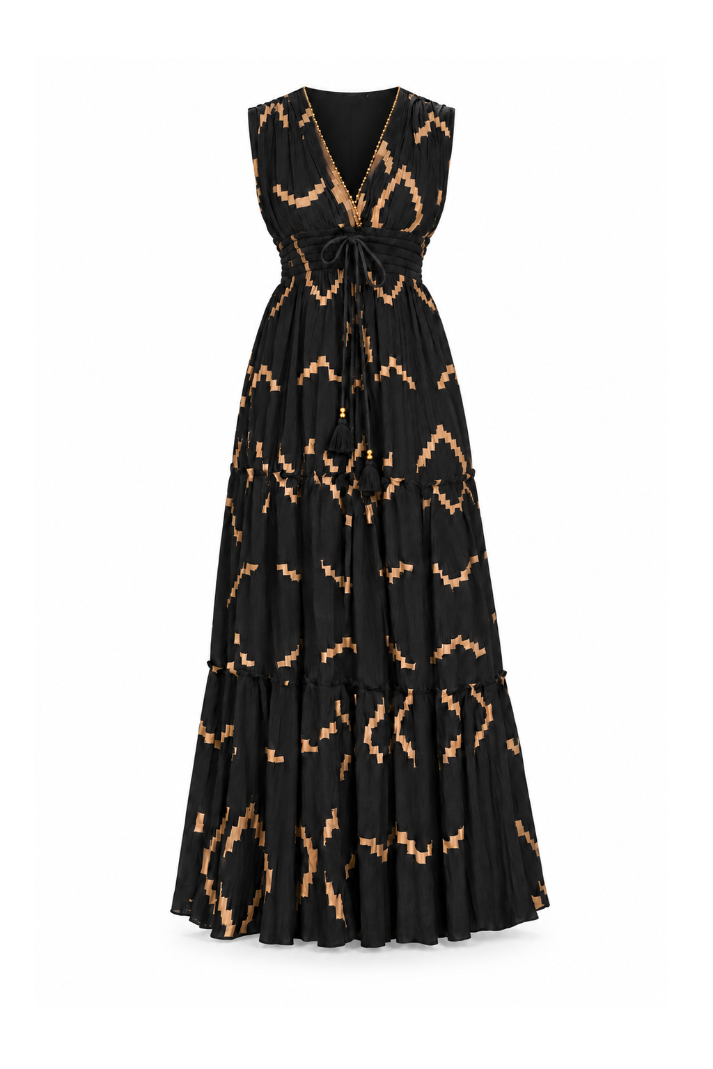 Viscose V-Neck Long Dress - Black with Gold-Tone Geometric Pattern - ghost mannequin, normalized primary image
