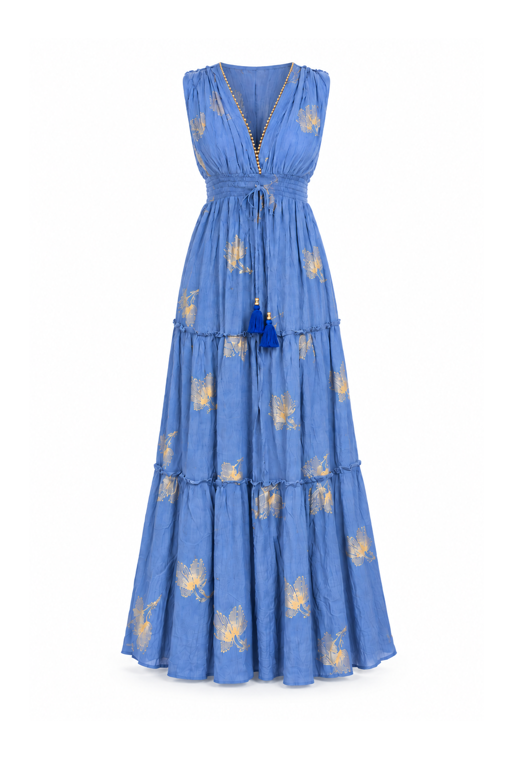 Viscose V-Neck Long Dress - Blue with Gold-Tone Motifs - ghost mannequin, normalized primary image
