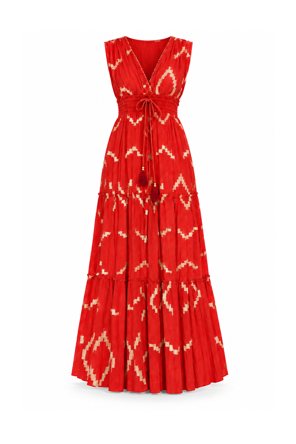 Viscose V-Neck Long Dress - Red with Gold-Tone Geometric Pattern - ghost mannequin, normalized primary image