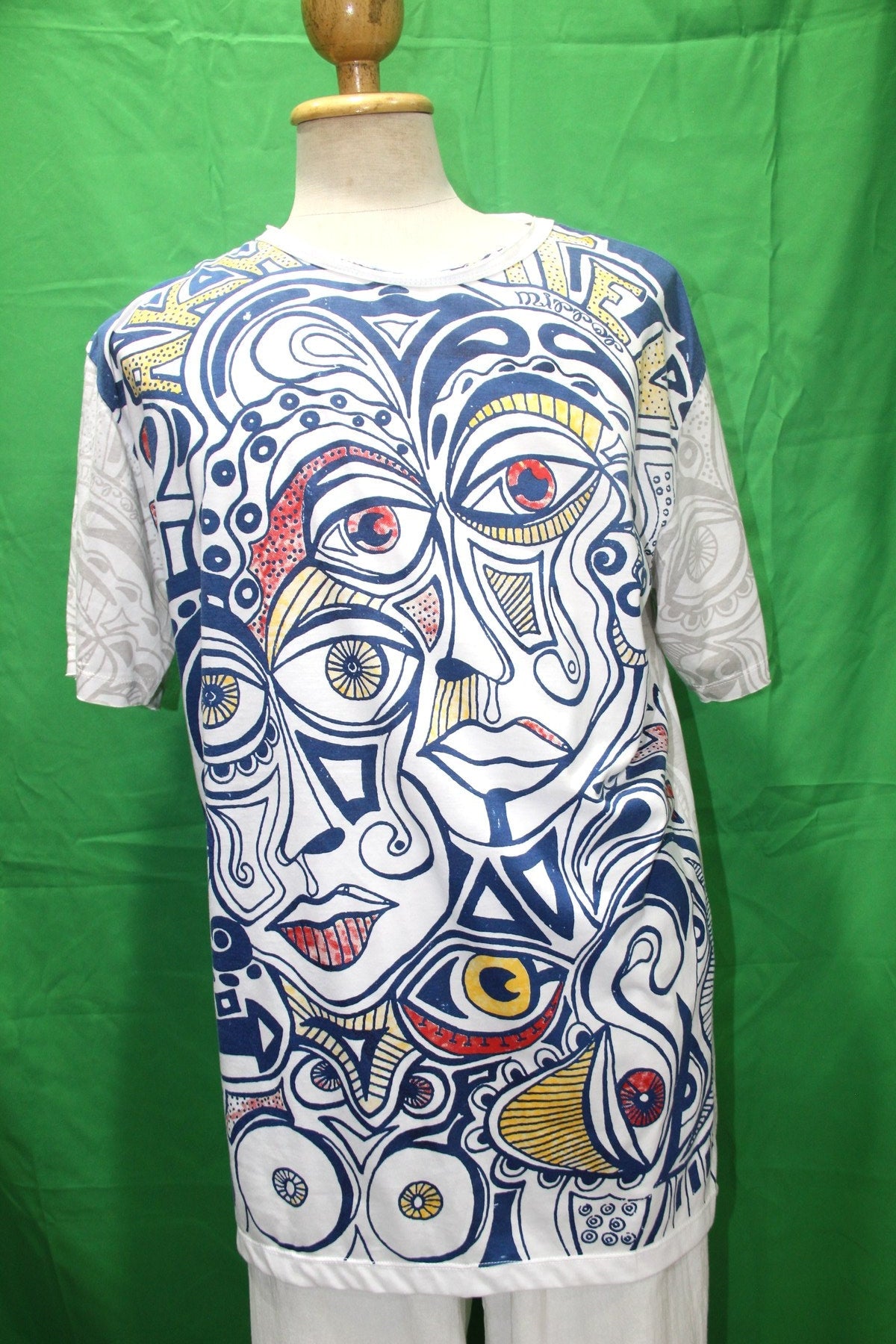 White Blue Abstract Face from Thailand — garment detail