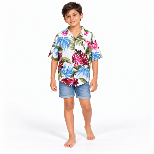 White Large Tropical Leaves Shirt - boys model front view