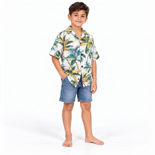 White Multicolor Palm Trees Shirt - boys model front view