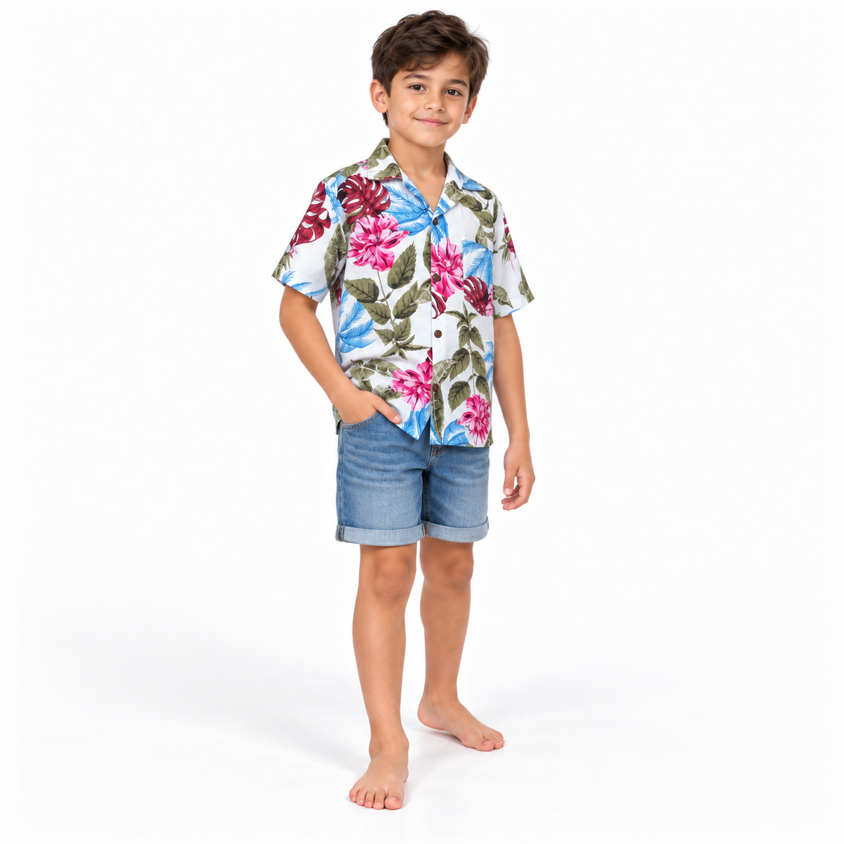 White Pink Blue Tropical Leaves Shirt - boys model front view