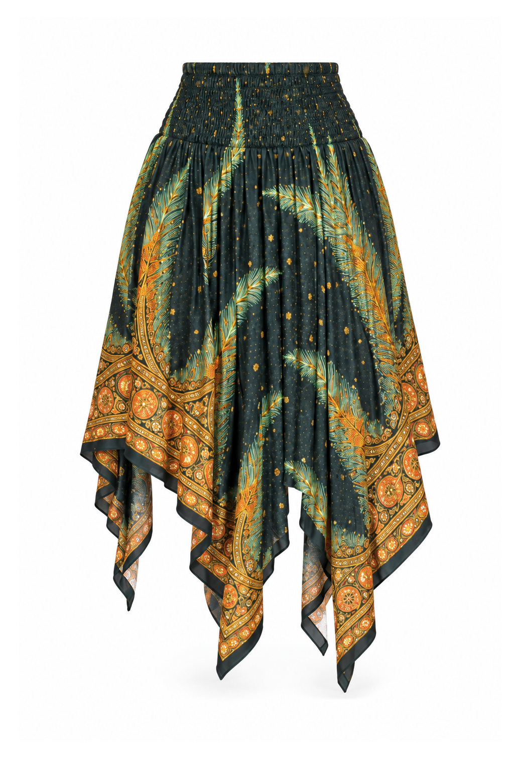 Zig Zag Rayon Halter Dress and Skirt - Black and Gold-Tone Feather Print - ghost mannequin, normalized primary image