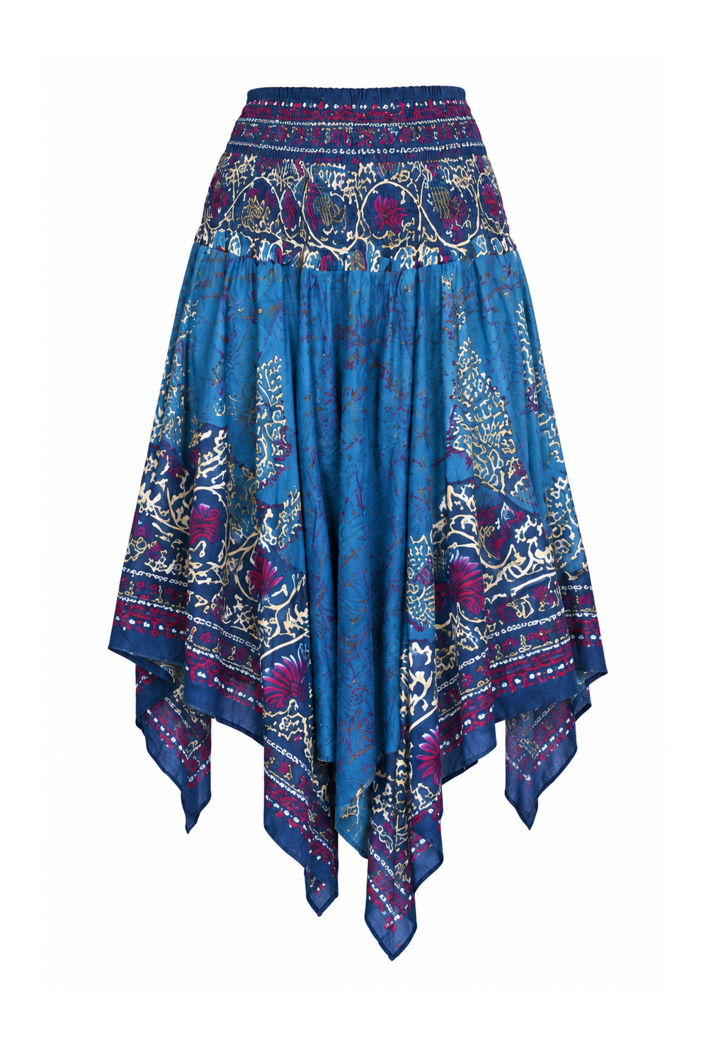 Zig Zag Rayon Halter Dress and Skirt - Blue and Purple Floral - ghost mannequin, normalized primary image