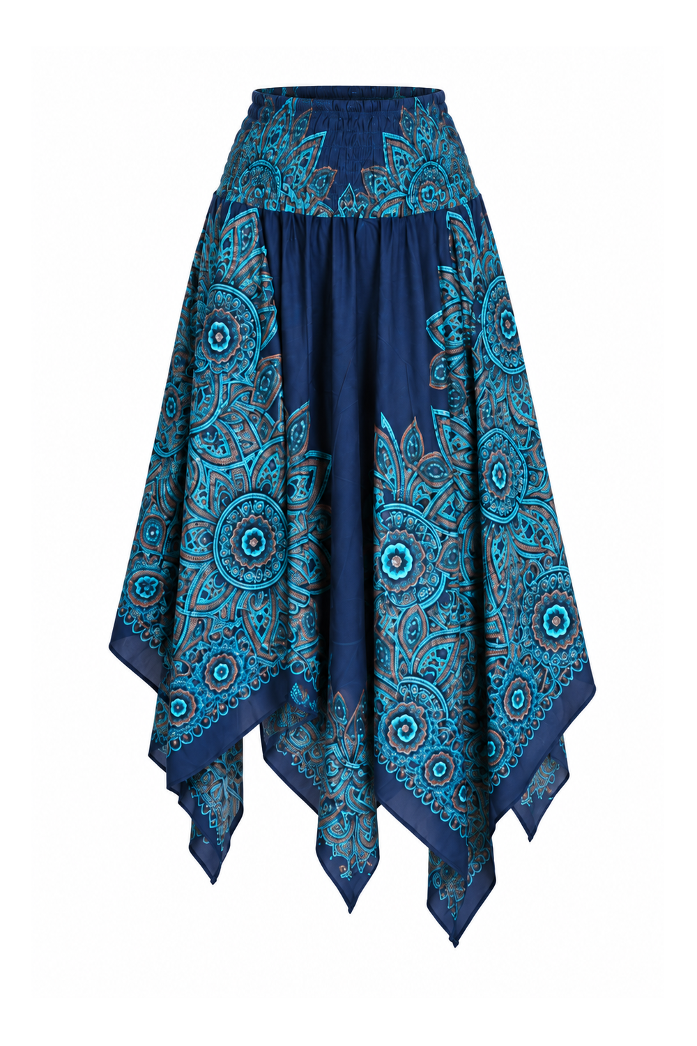 Zig Zag Rayon Halter Dress and Skirt - Navy and Turquoise Mandala - ghost mannequin, normalized primary image