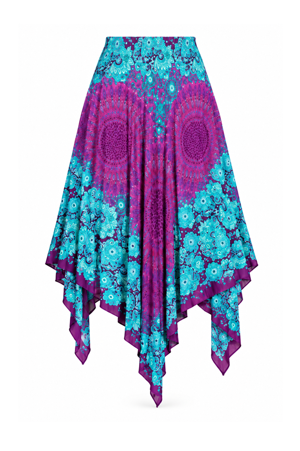 Zig Zag Rayon Halter Dress and Skirt - Purple and Turquoise Mandala - ghost mannequin, normalized primary image