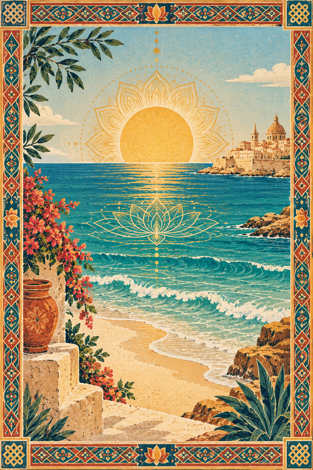 Sunny Maltese coast framed with Tibetan-inspired patterns and a lotus mandala